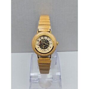 Lee Sands Womens Skeleton Dial Quartz Watch Gold Tone Wood Expansion New Battery